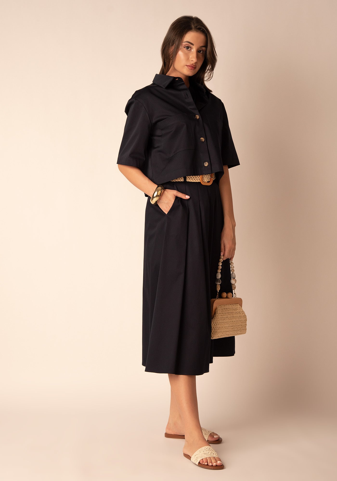 Women's Cropped Cotton Overshirt in Navy