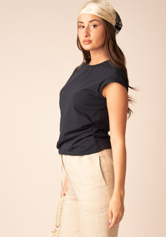 Certified Cotton Ruched Tee in Navy