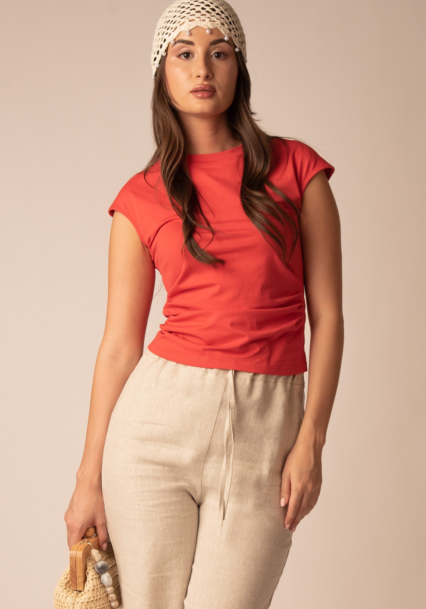 Certified Cotton Ruched Tee in Red