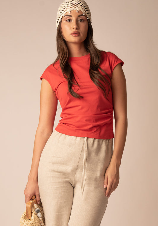 Certified Cotton Ruched Tee in Red