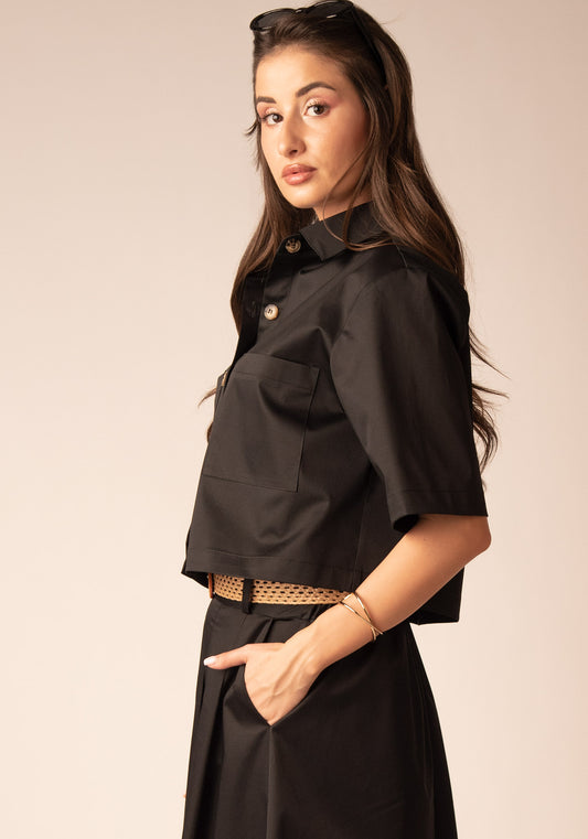 Women's Cropped Cotton Overshirt in Black