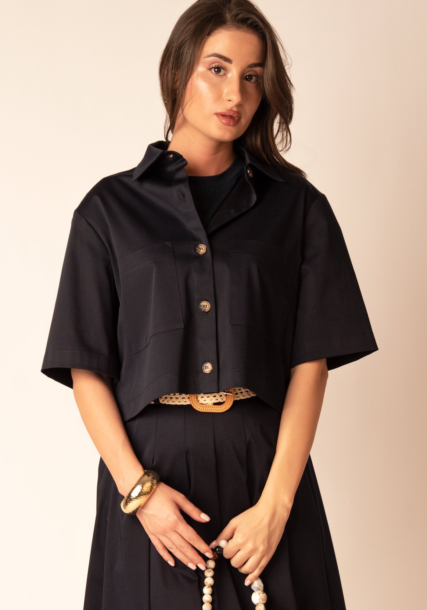 Women's Cropped Cotton Overshirt in Navy