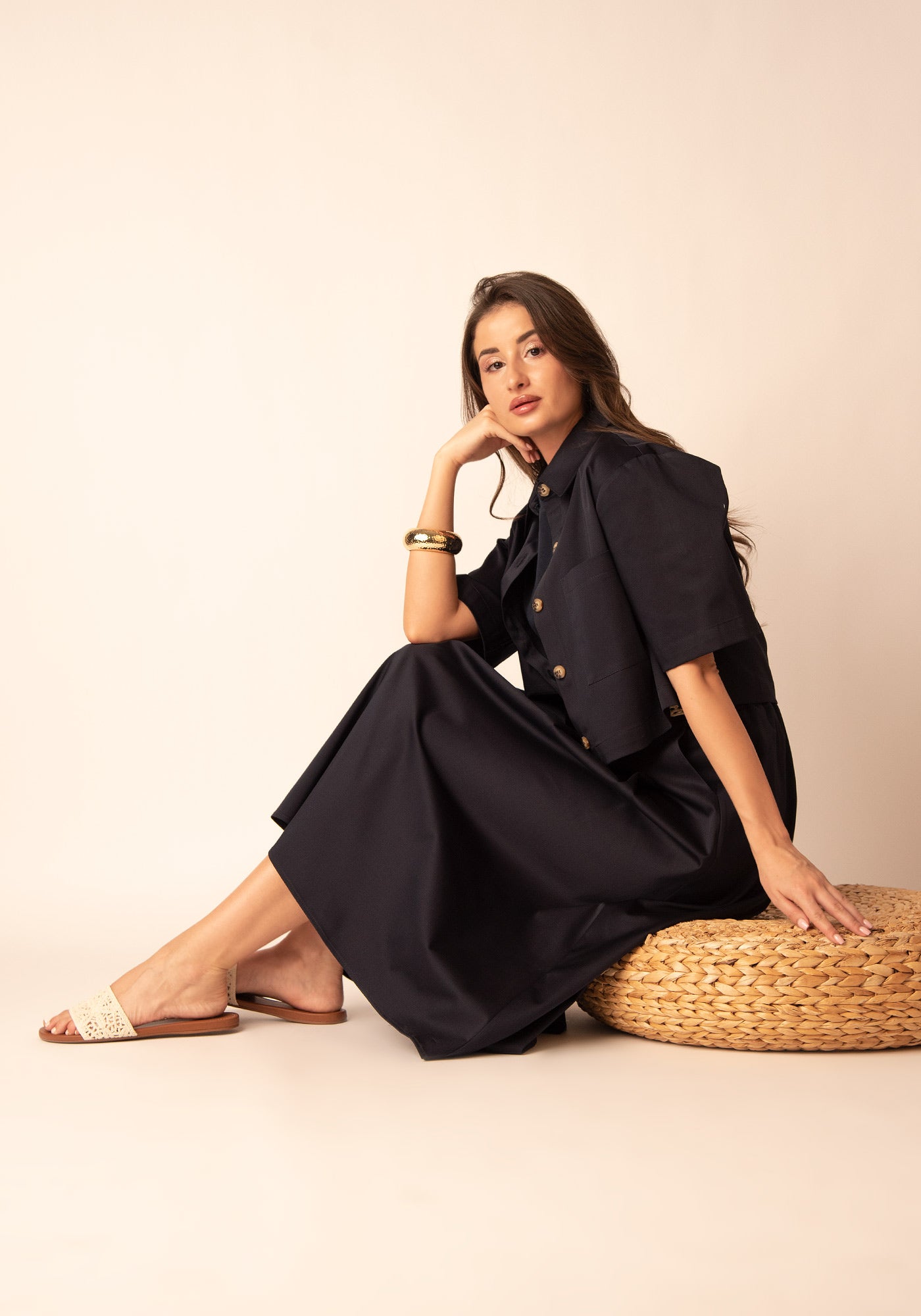 Women's Cropped Cotton Overshirt in Navy
