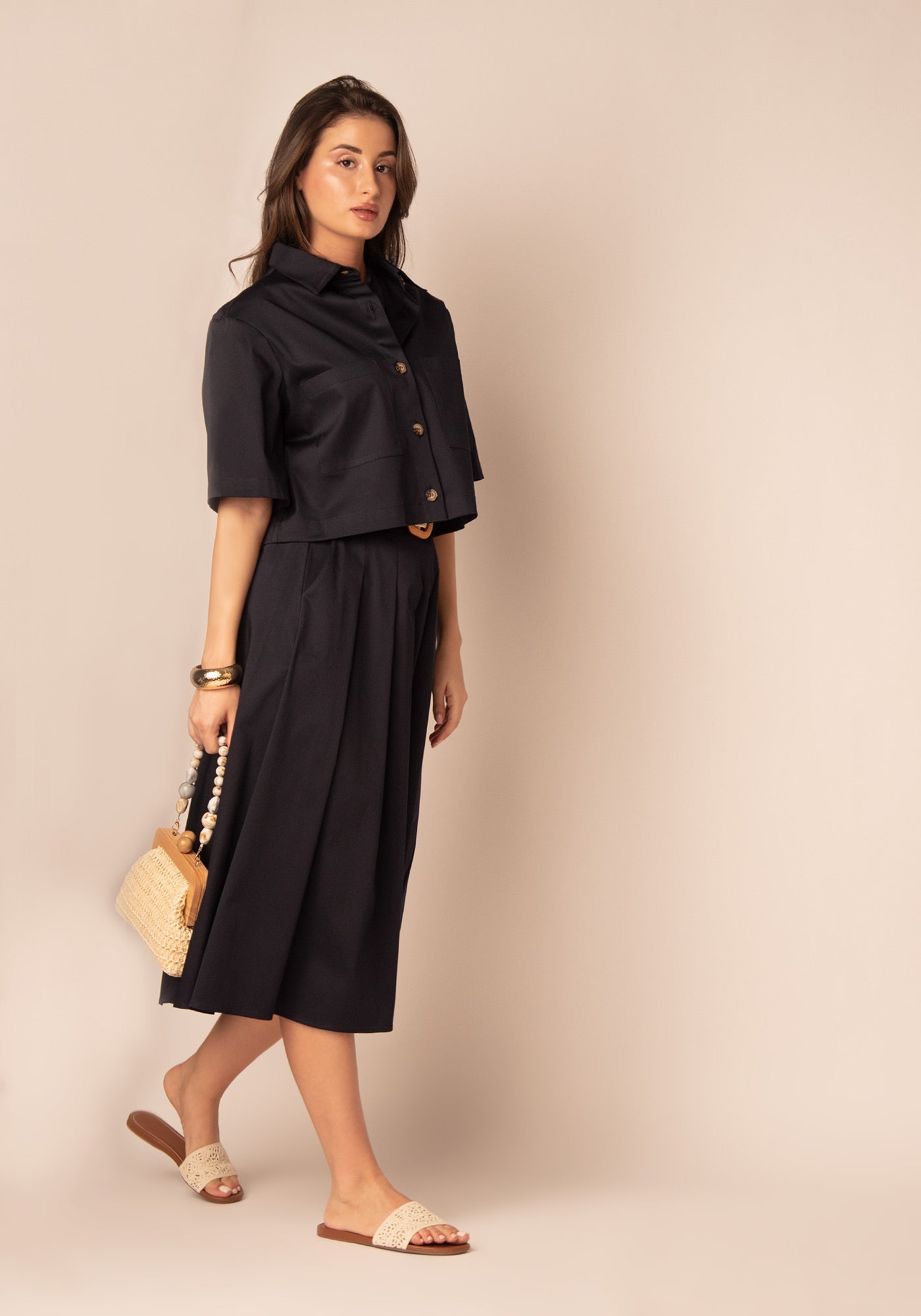 Women's Cropped Cotton Overshirt in Navy
