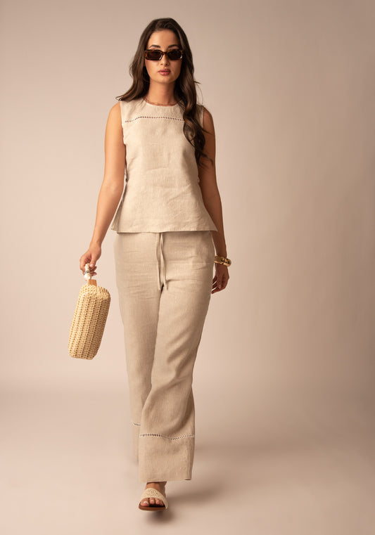 Openwork Linen Pant in Natural beige