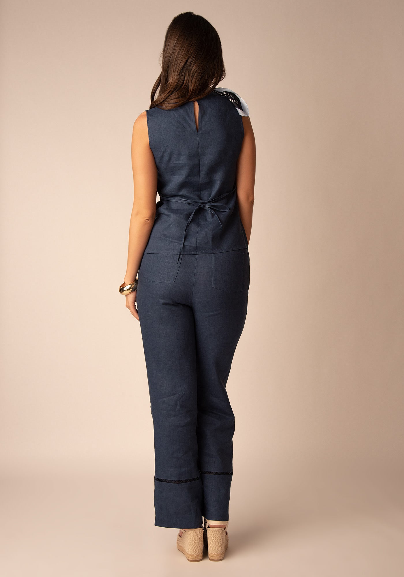 Openwork Linen Pant in Navy