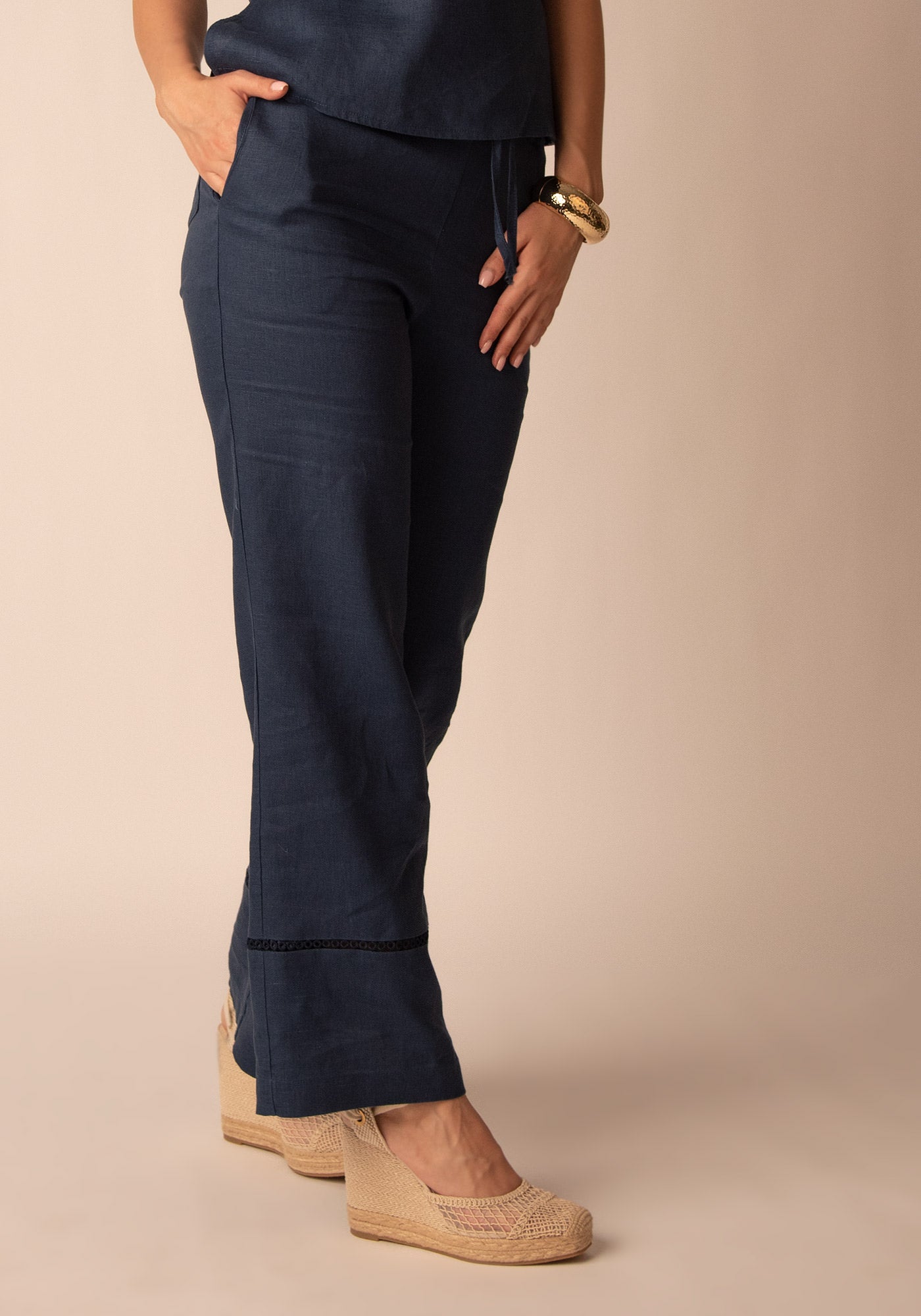 Openwork Linen Pant in Navy
