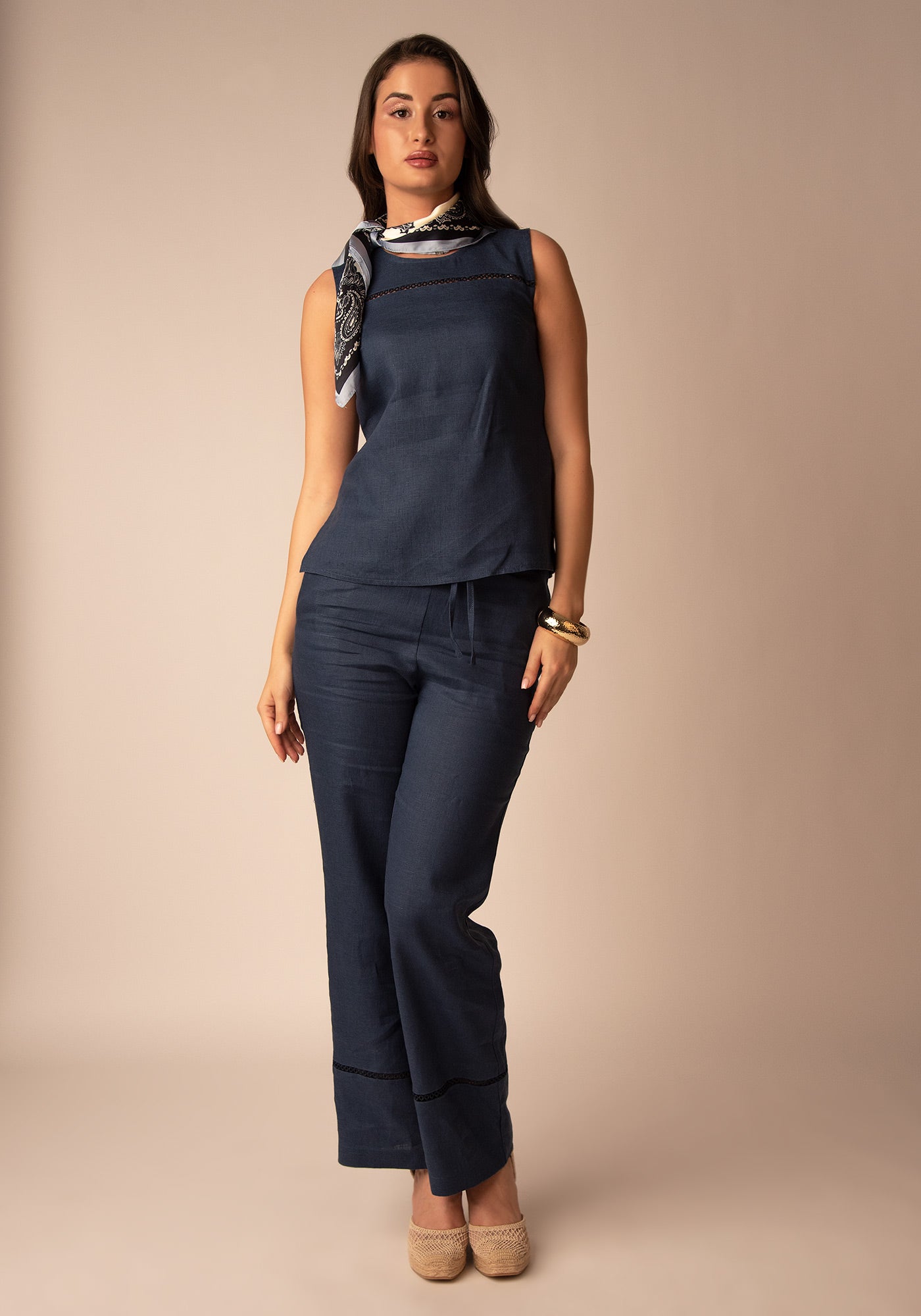 Openwork Linen Pant in Navy