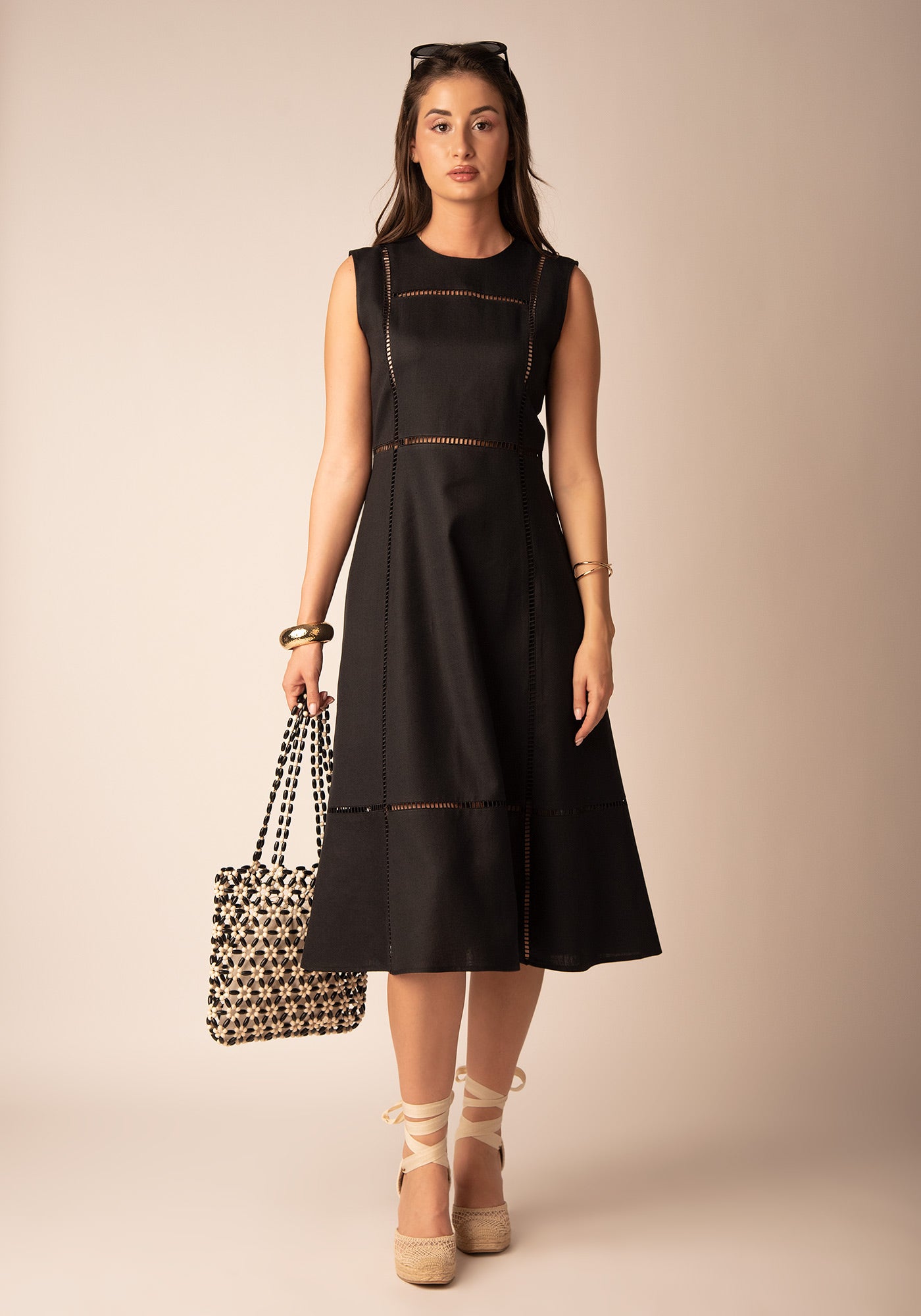 Openwork Linen Dress in Black