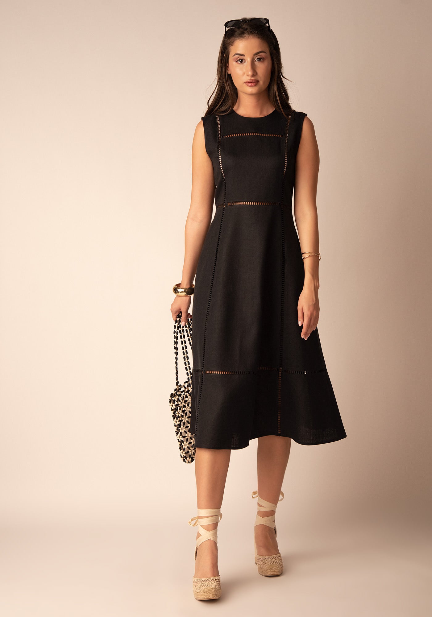 Openwork Linen Dress in Black