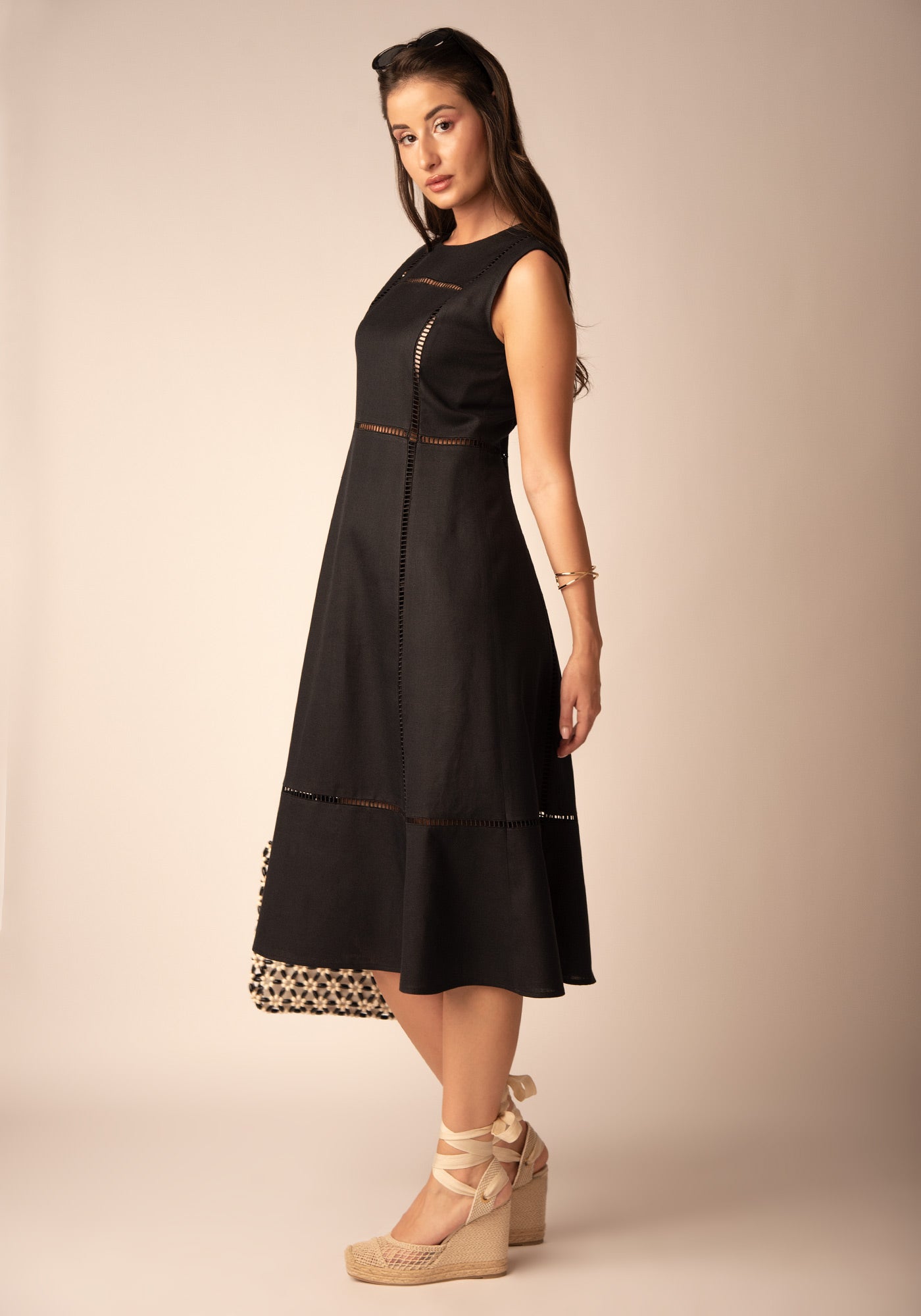 Openwork Linen Dress in Black