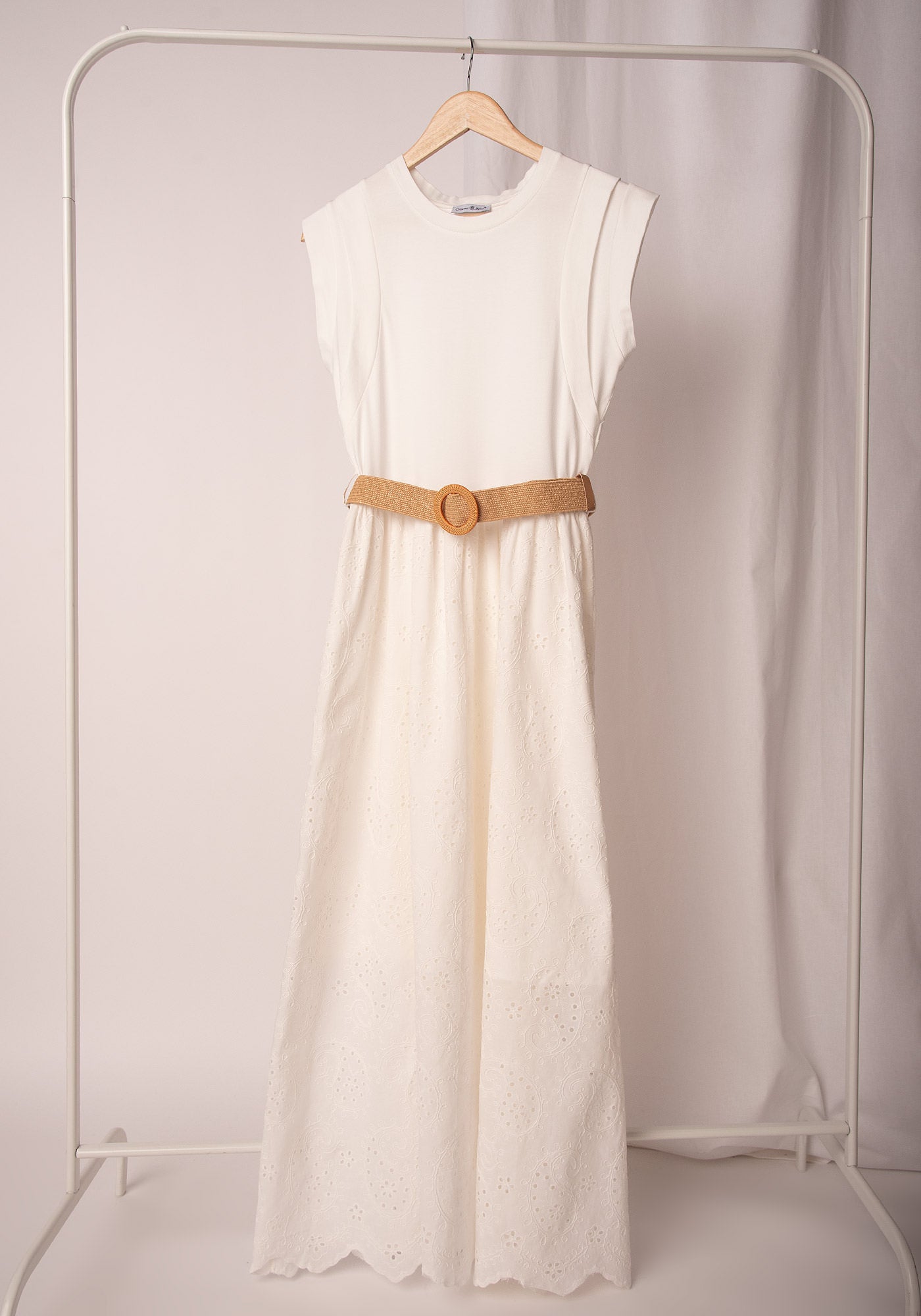 Embroidered Cotton Midi Dress in Ecru