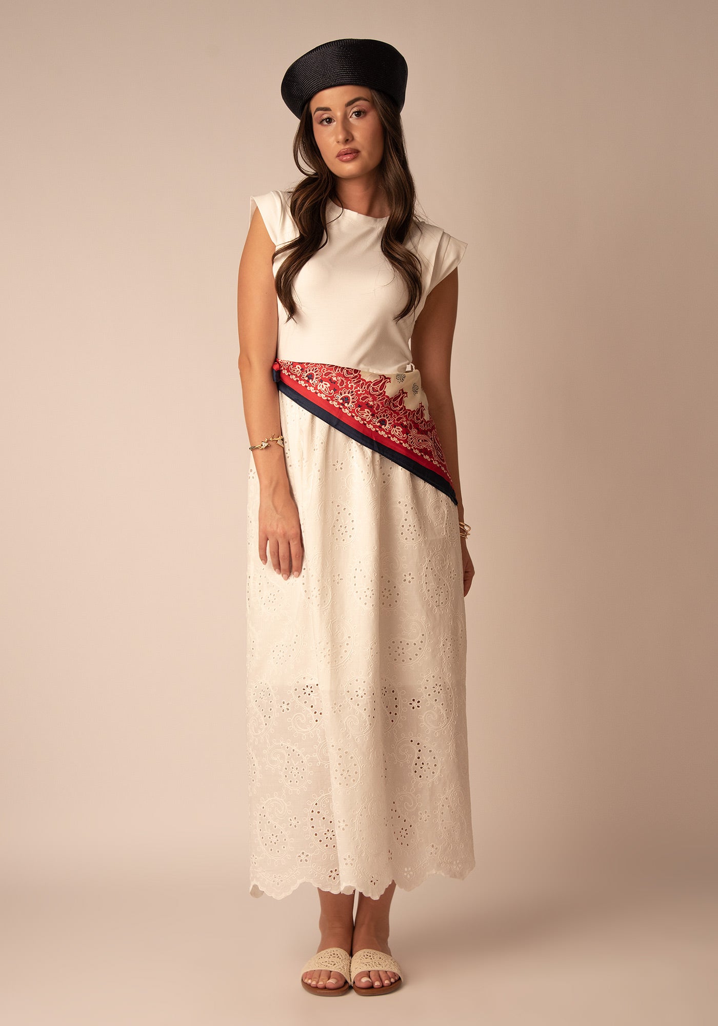 Embroidered Cotton Midi Dress in Ecru