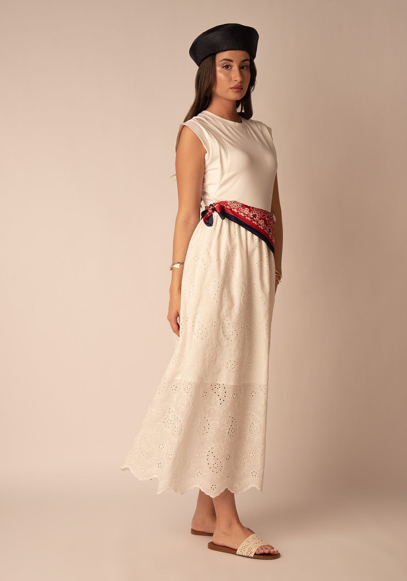 Embroidered Cotton Midi Dress in Ecru