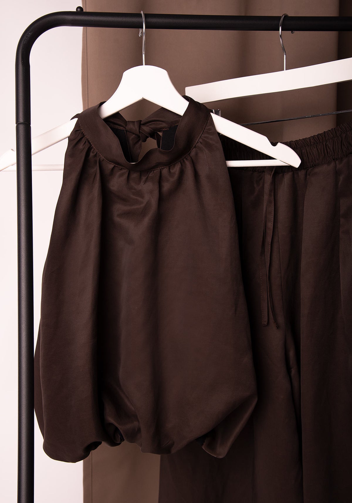 Balloon Satin Top in Brown
