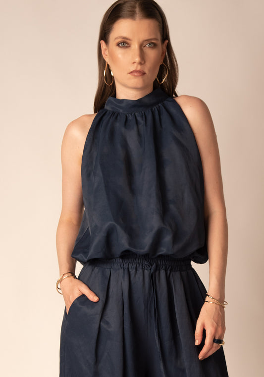 Balloon Satin Top in Navy