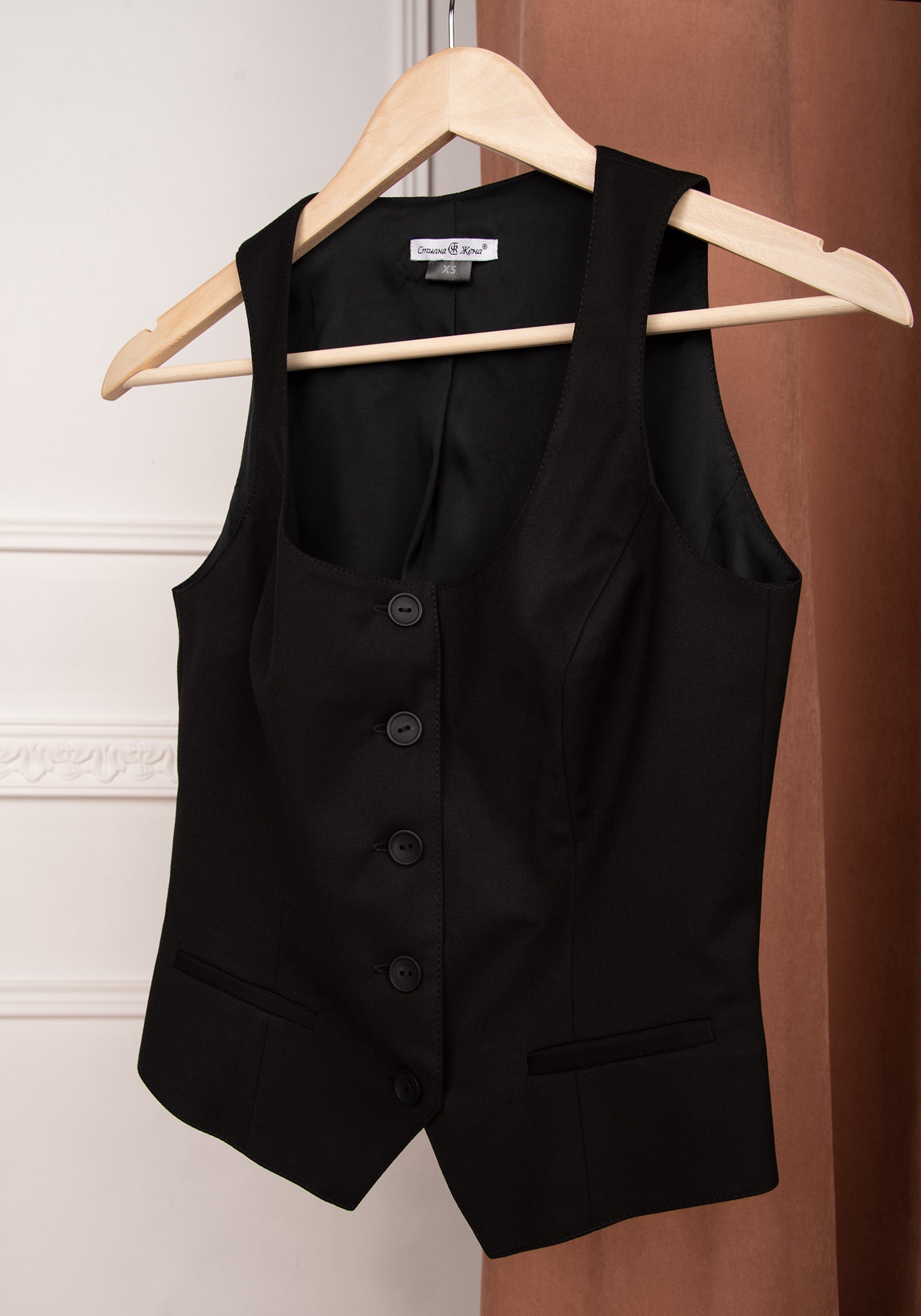Women's Square Neckline Tailored Button up Vest in Black