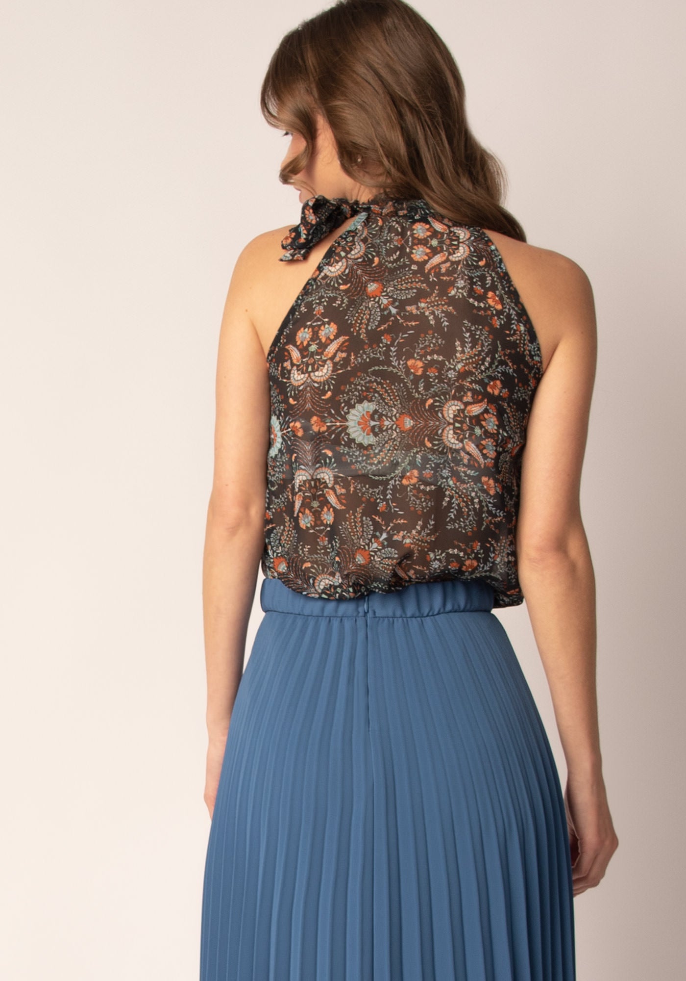 Women's Chiffon Top with Bow Neck in Floral Black