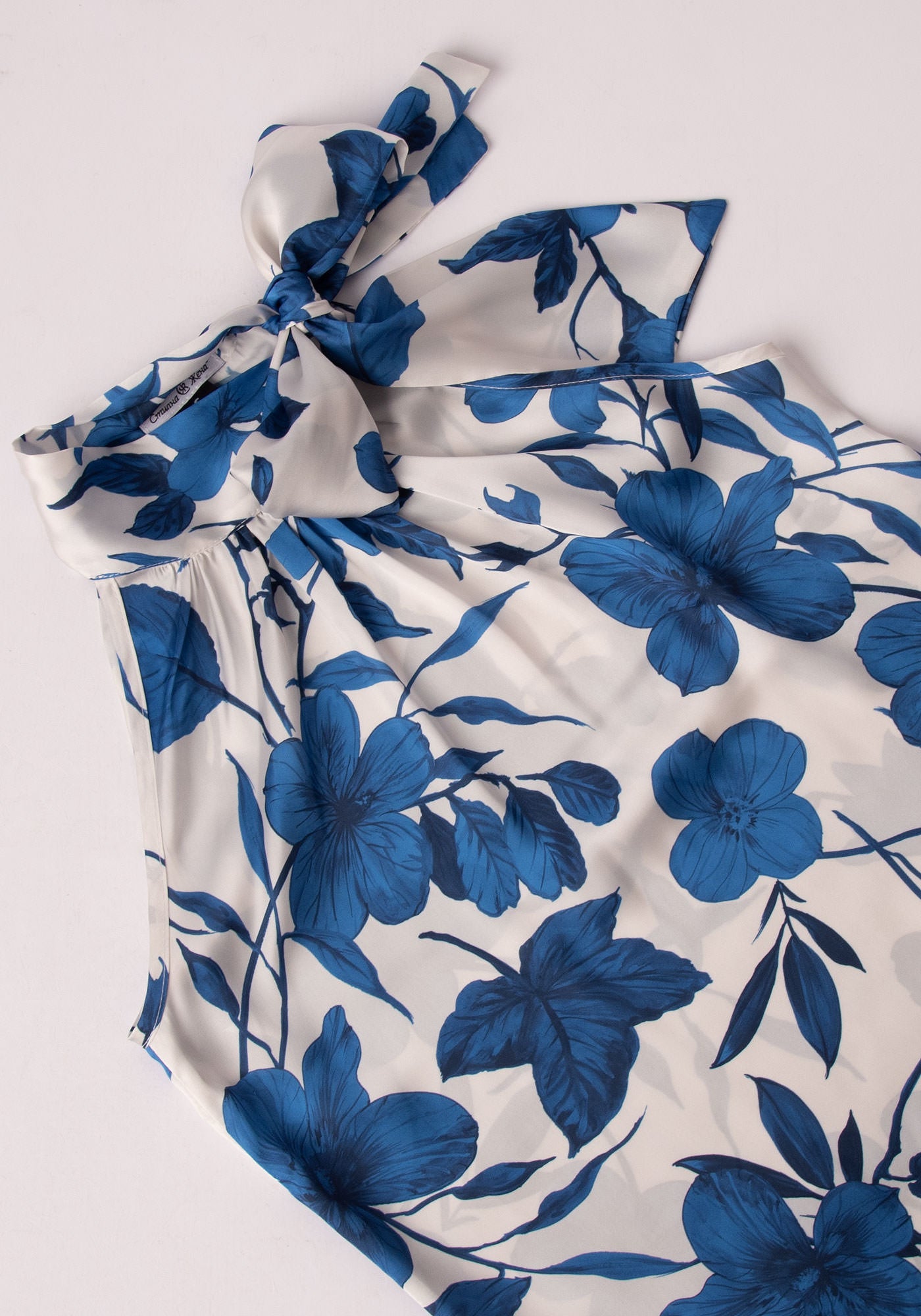 Women's Satin Top with Bow Neck in Blue Flowers Ecru