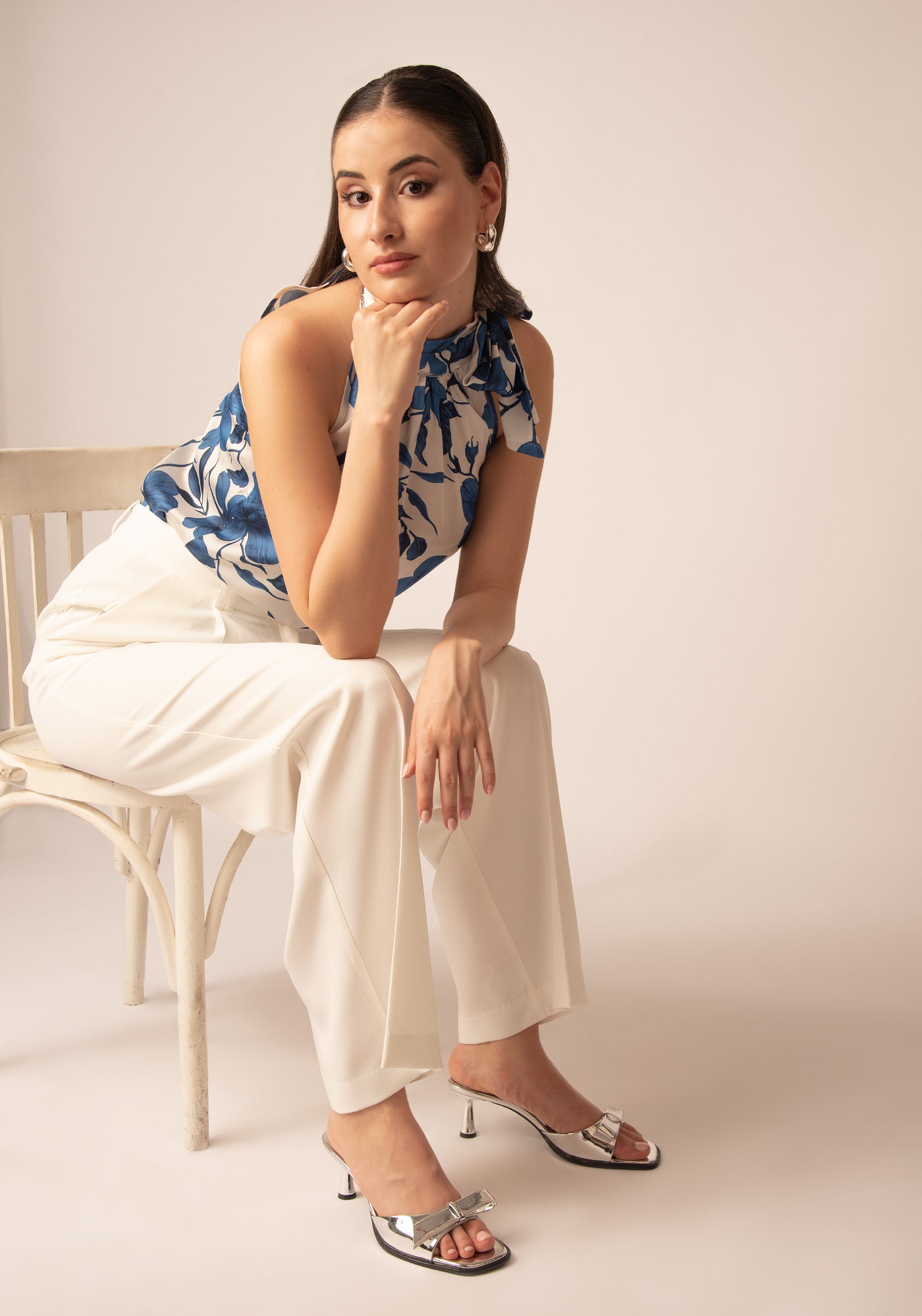Women's Satin Top with Bow Neck in Blue Flowers Ecru