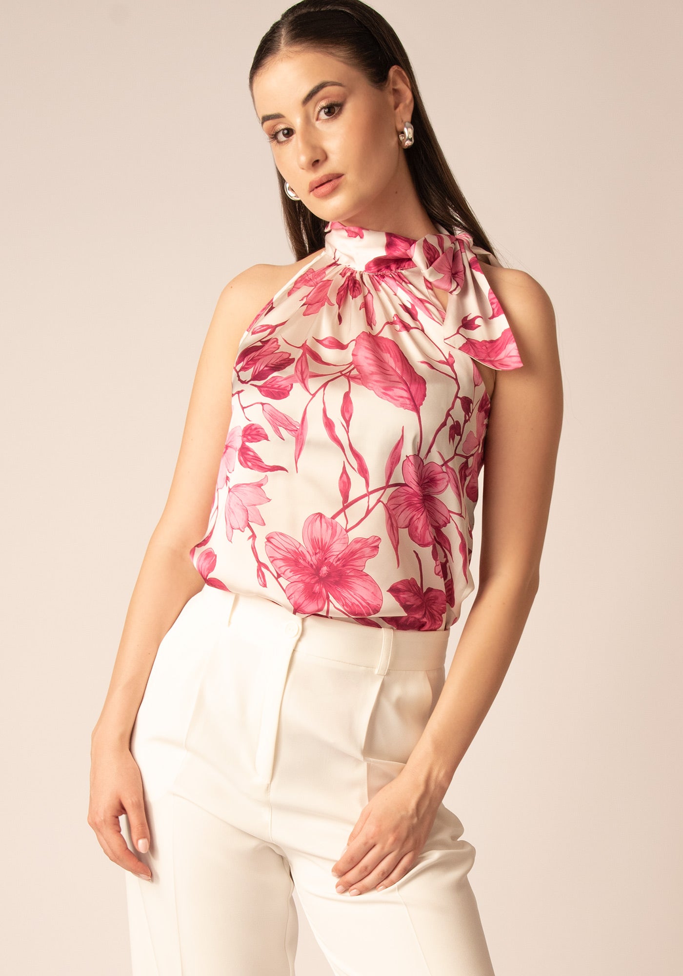 Women's Satin Top with Bow Neck in Pink Flowers Ecru