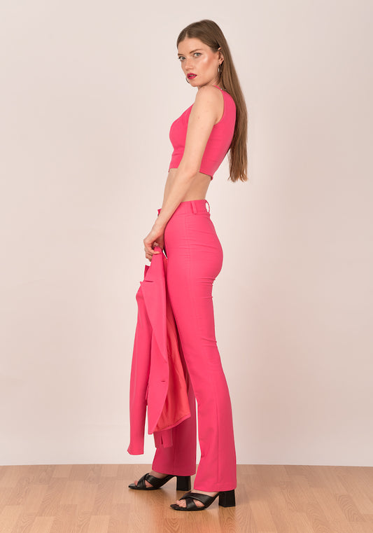 Women's High Waist Bootcut Trousers with Stitched Crease in Hot Pink
