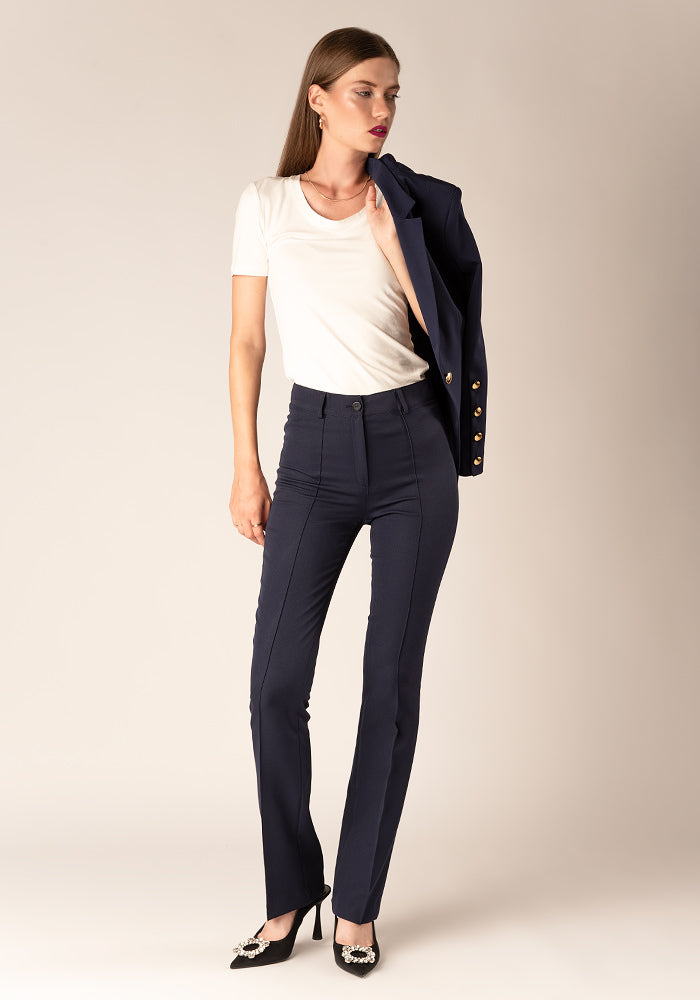 Women's High Waist Bootcut Trousers with Stitched Crease in Navy