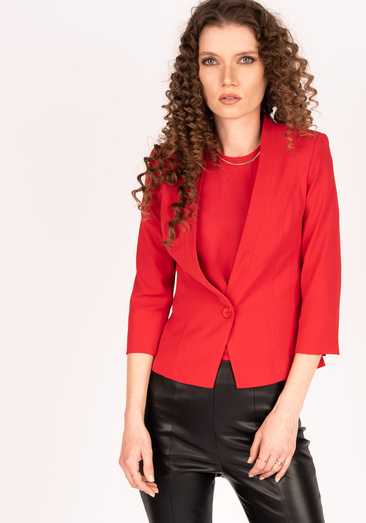 Women's Tailored Single breasted Blazer with Cropped Sleeves in Red
